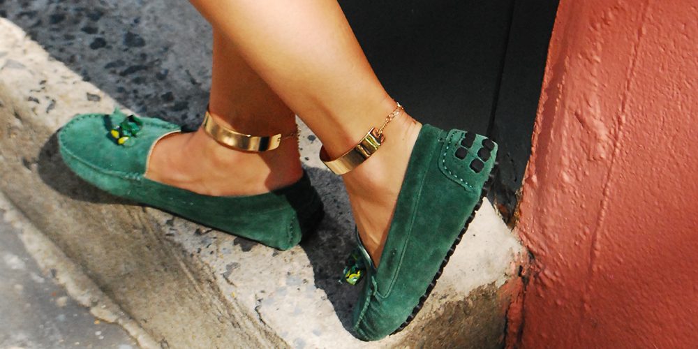 green loafers gold ankle cuffs