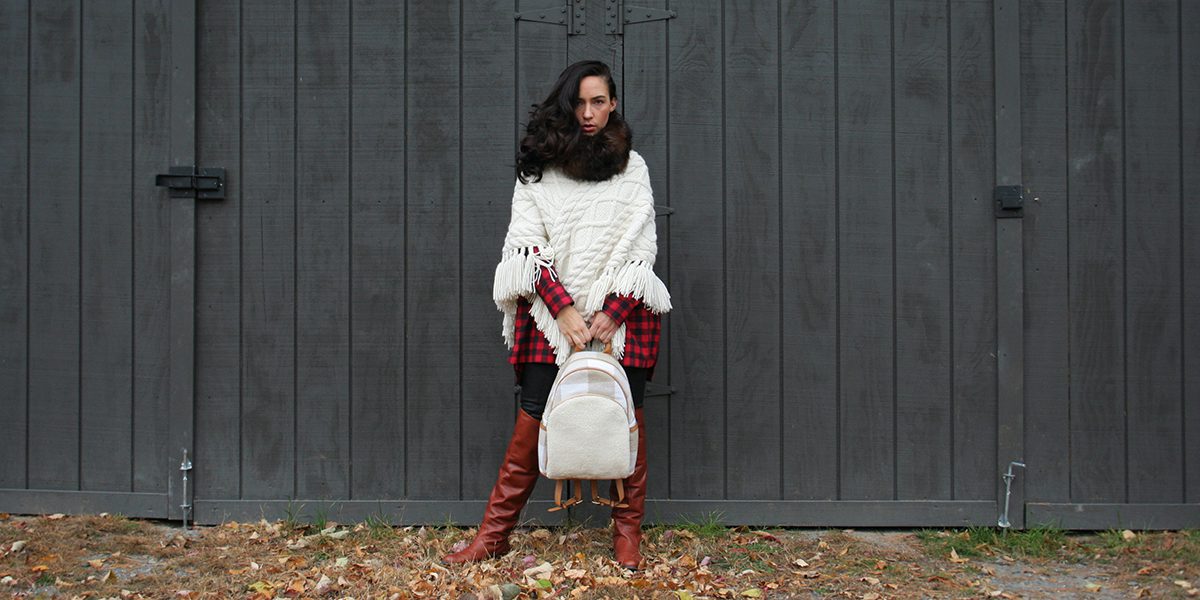 knee high boots, flannel, knit shawl