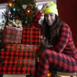 christmas-outfit-matching-plaid-pajamas-and-wrapping-paper