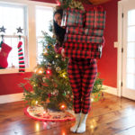 christmas-outfit-matching-plaid-pajamas-and-wrapping-paper